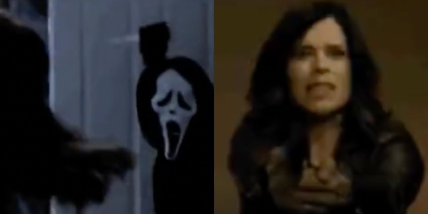 Split image of Sidney with Ghostface in Scream 1996 and 2022