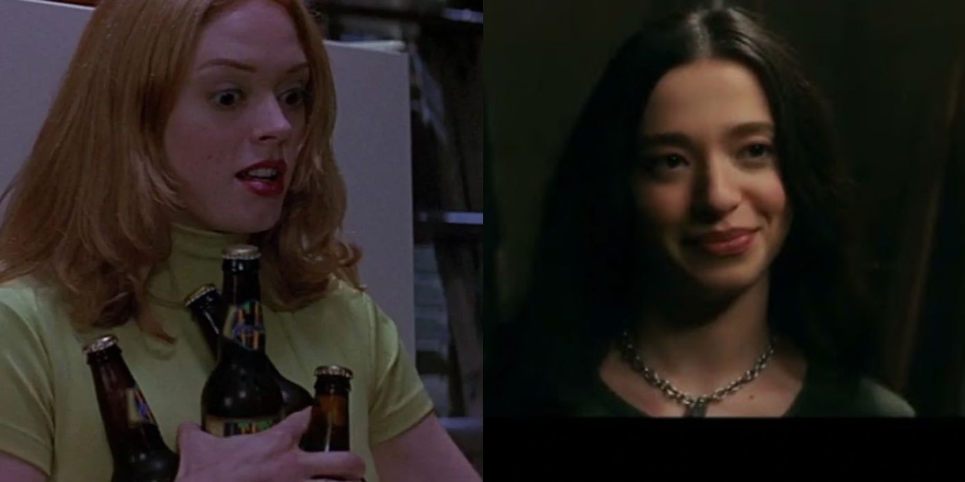 Split image of Tatum holding beers in Scream and Amber smiling in Scream (2022)