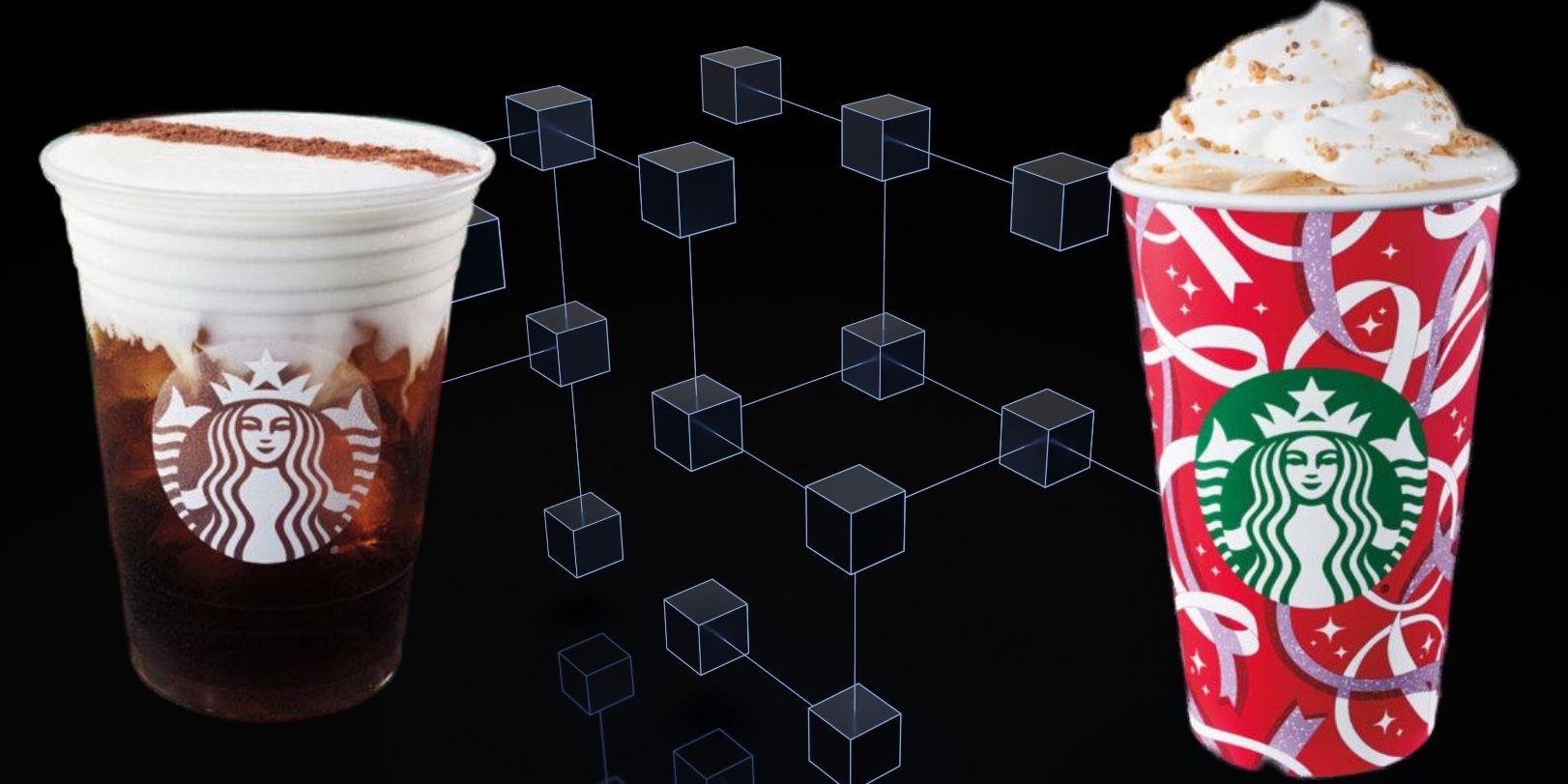 Two starbucks drinks overlaid on blockchain graphic.