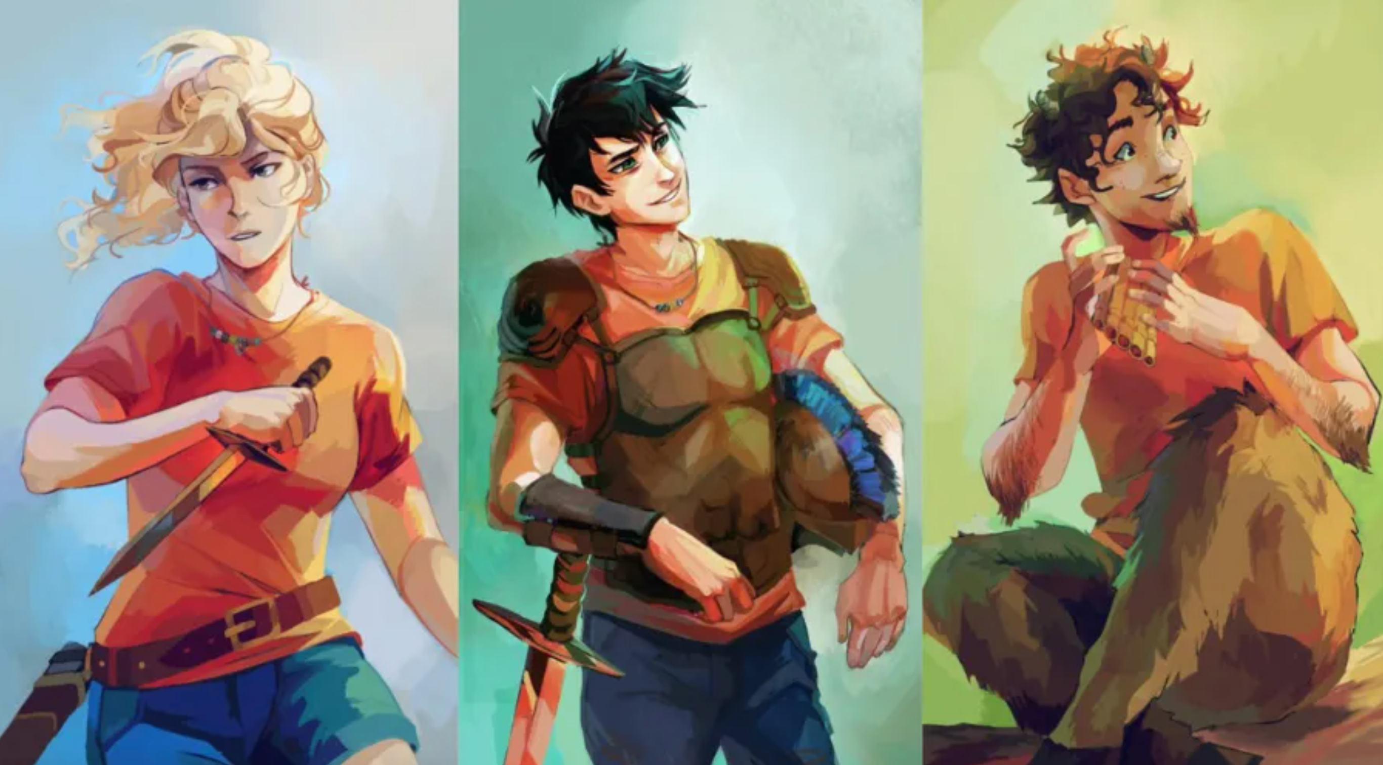 Split image of Annabeth, Percy, and Grover