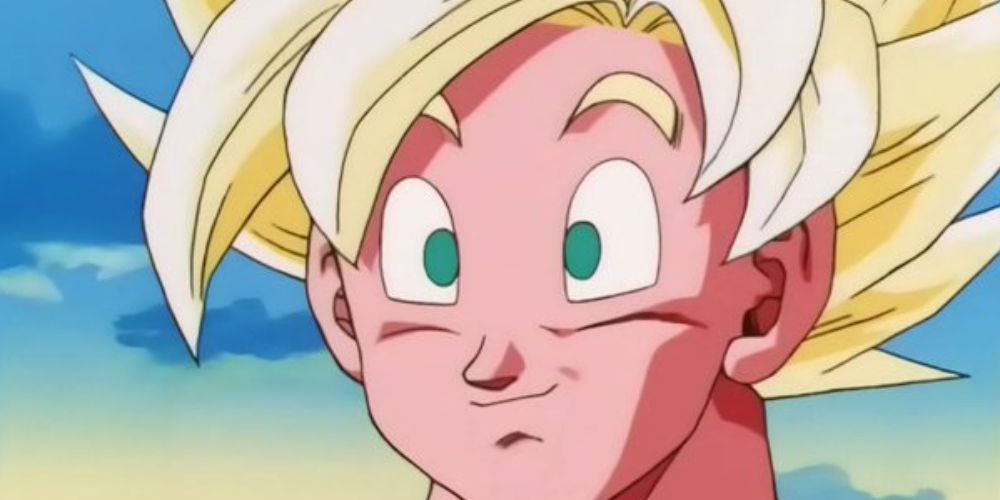 Goku smiling in his Super Saiyan form.
