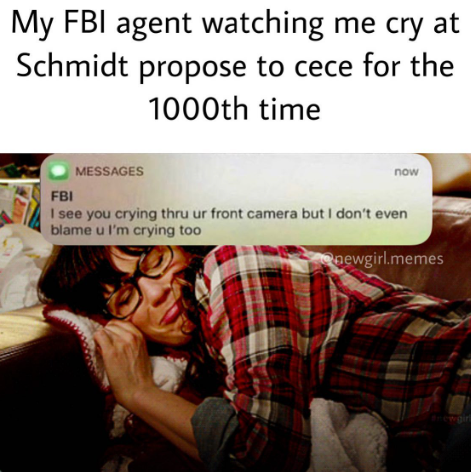 A joke about an FBI agent watching you rewatch the proposal and crying with you