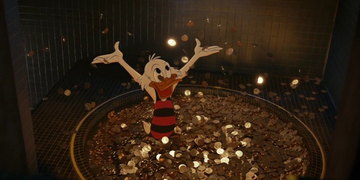 Scrooge swims in money in the Rescue Rangers Trailer