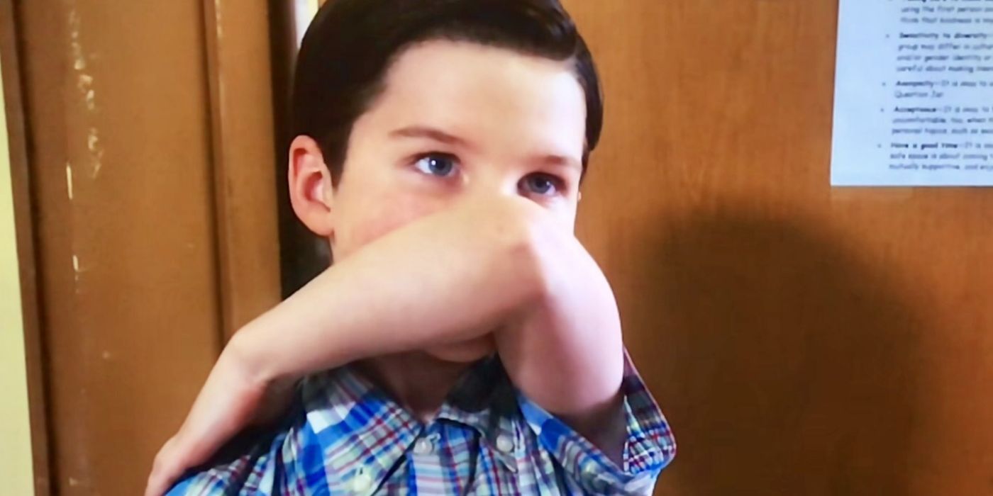 Sheldon covering his face with his arm in Young Sheldon
