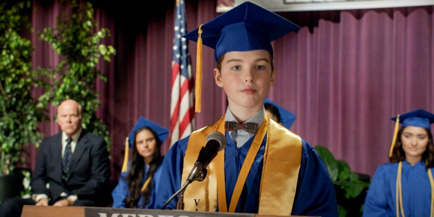Sheldon making a speech at his graduation in Young Sheldon