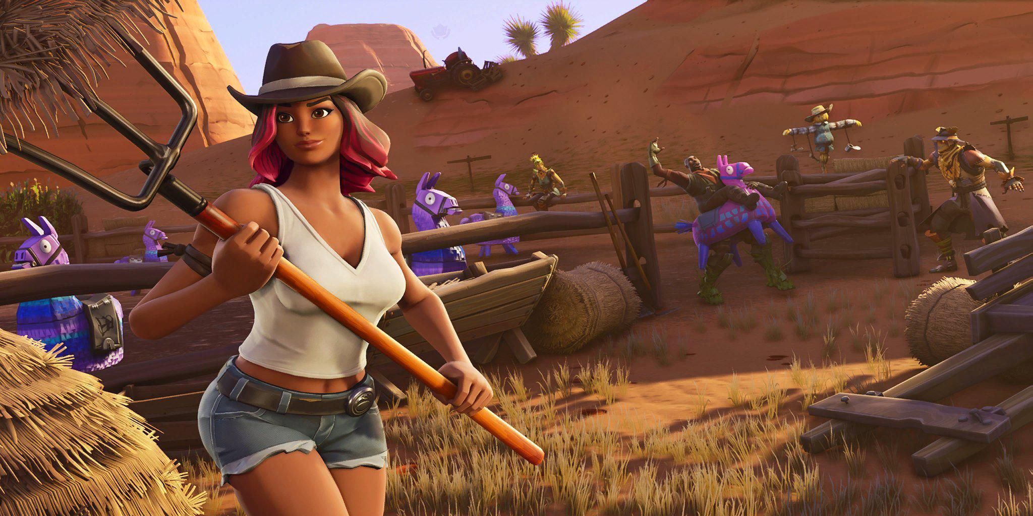 Calamity in the dessert surrounded by other Fortnite characters on a farm