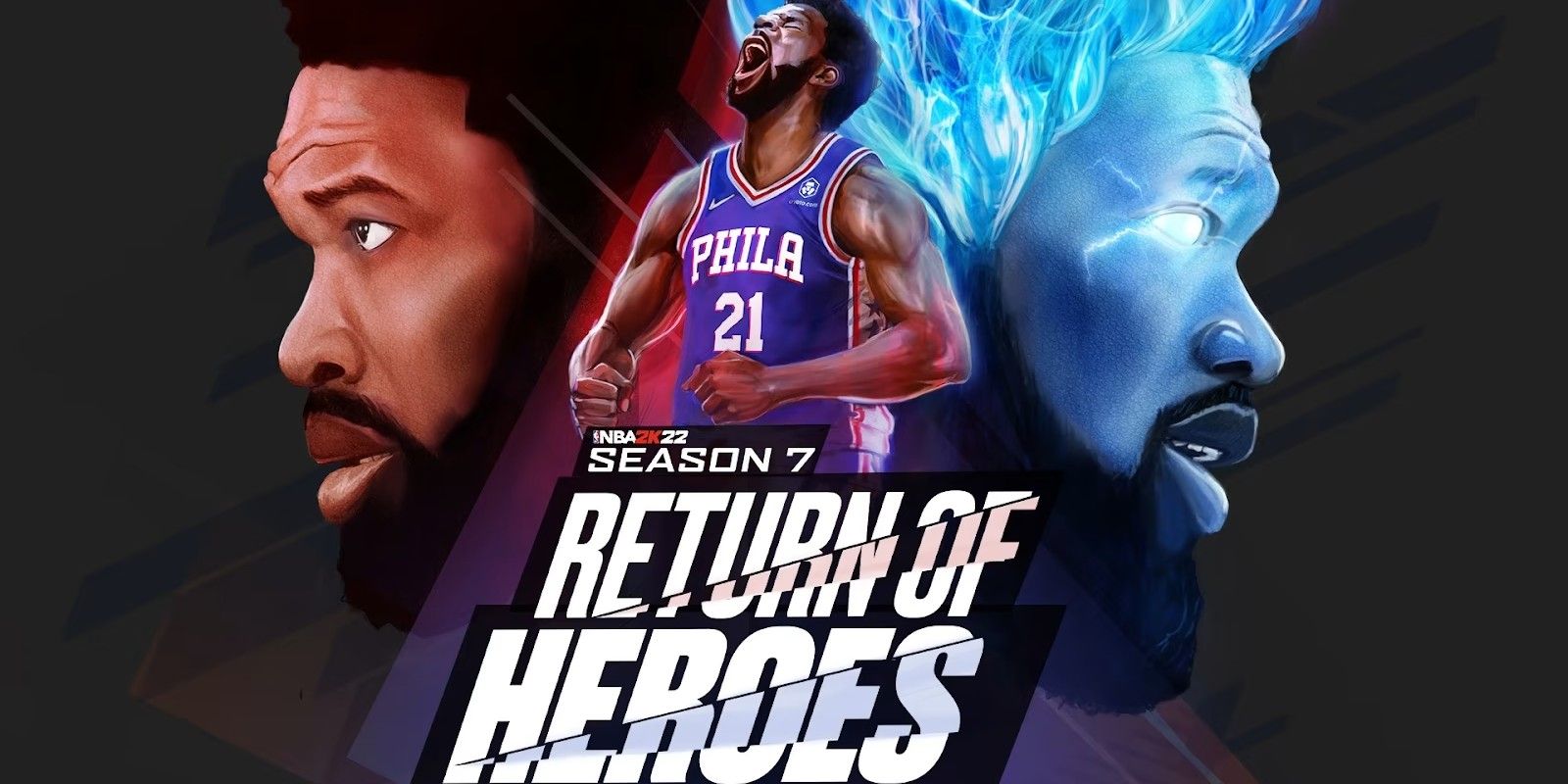 Joel Embiid in various poses with a graphic under saying NBA 2K22 Season 7 Return of Heroes.