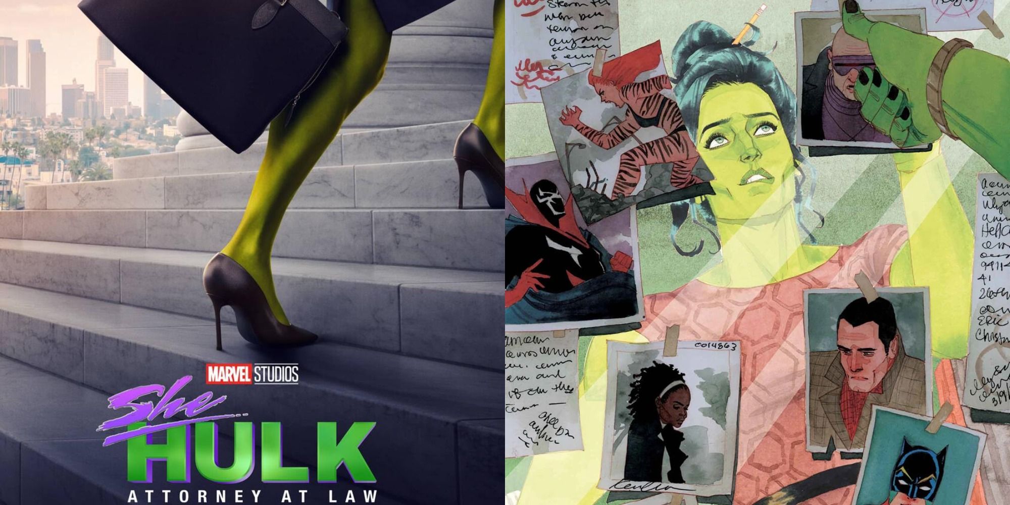 Split image showing the poster for She-Hulk and a panel from the comics.