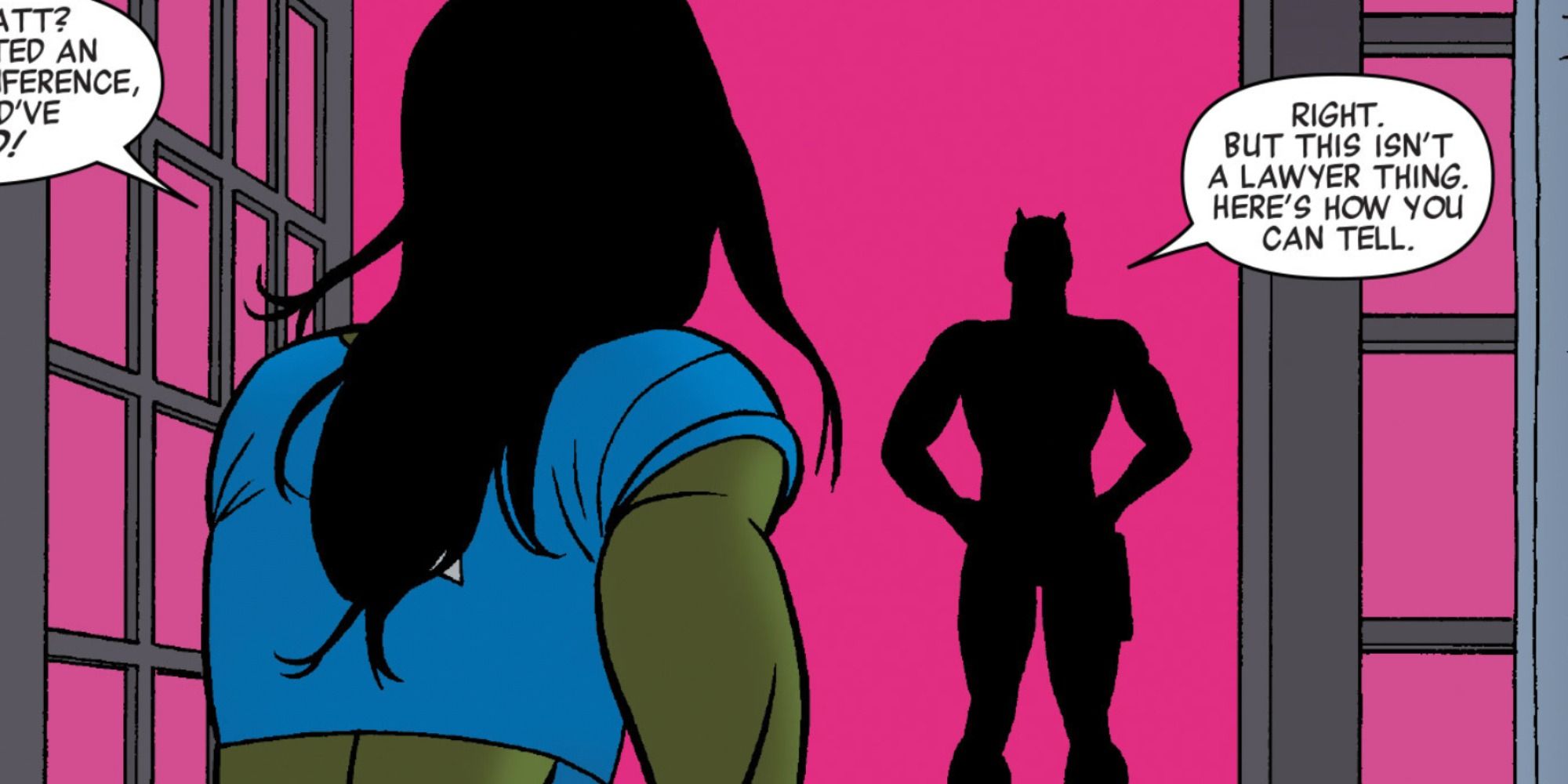 She-Hulk confronts Daredevil in Marvel Comics.