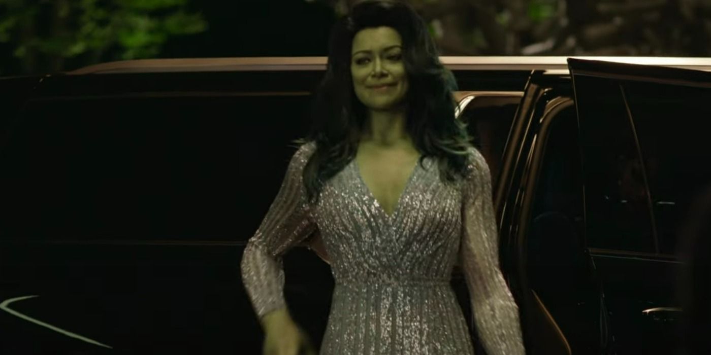 She-Hulk dressed for a party in She-Hulk trailer