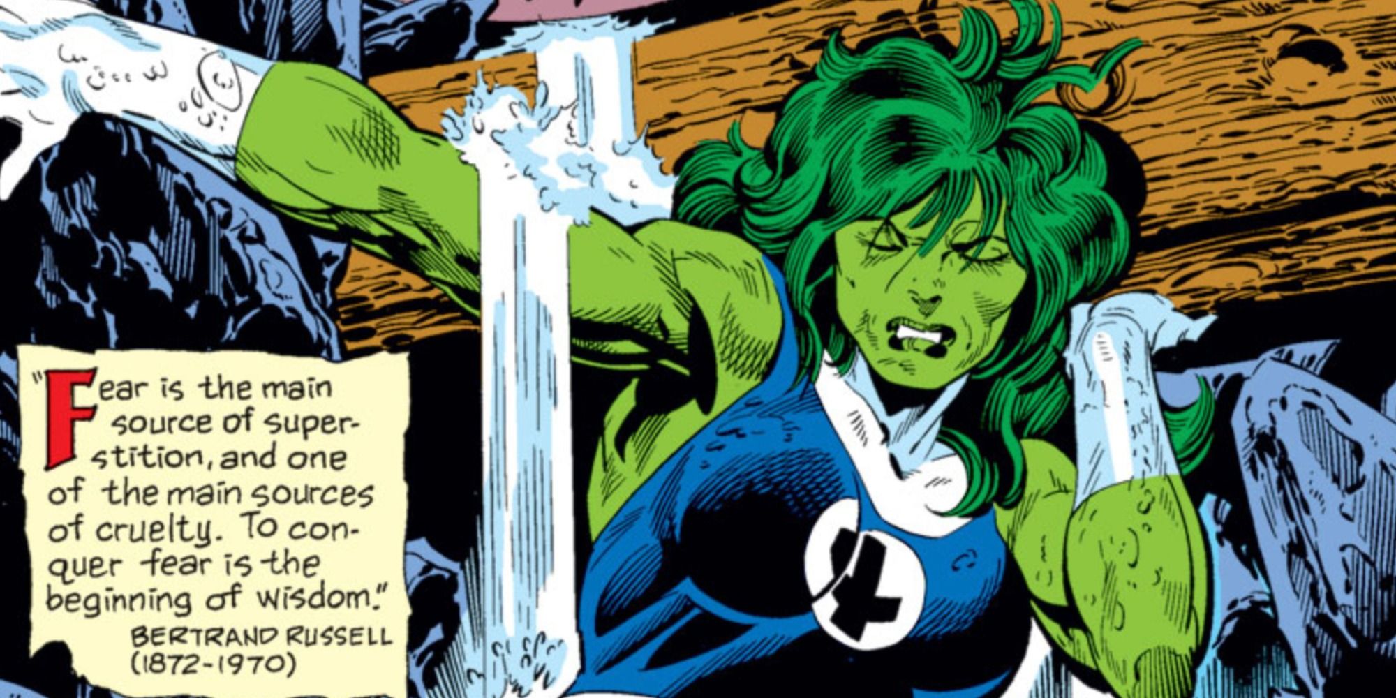 She-Hulk holds up rubble in Marvel Comics.