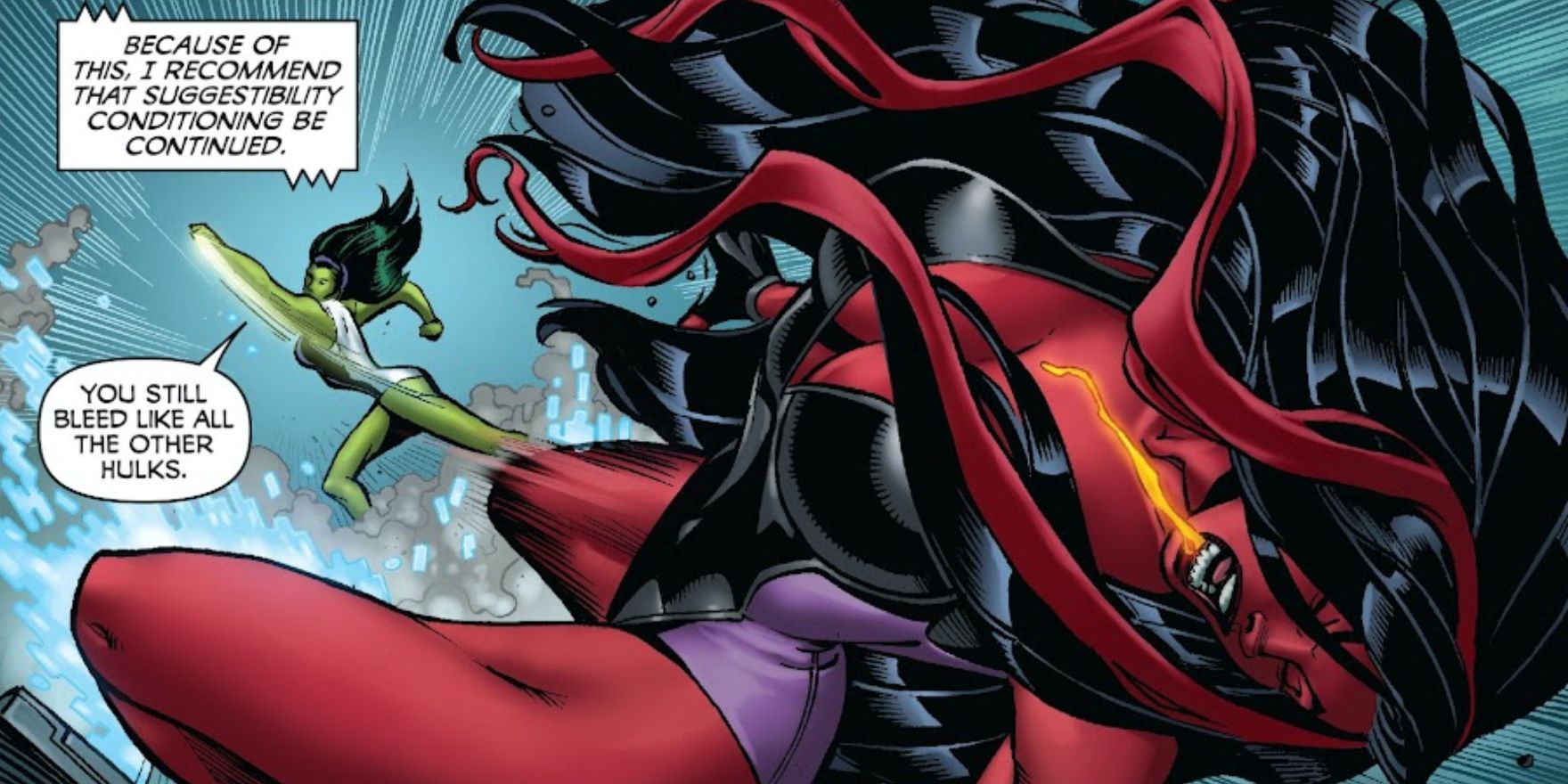 She-Hulk punches Red She-Hulk in Marvel Comics.