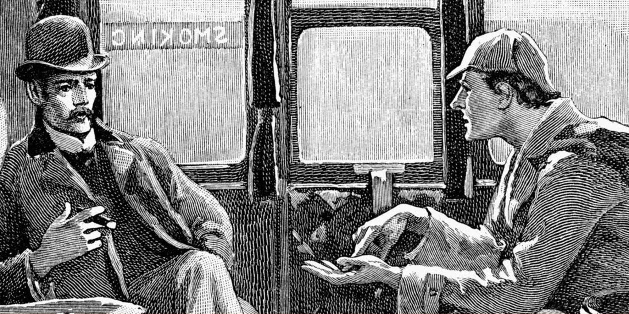 Sherlock Holmes e John Watson em um trem em A Study In Scarlet