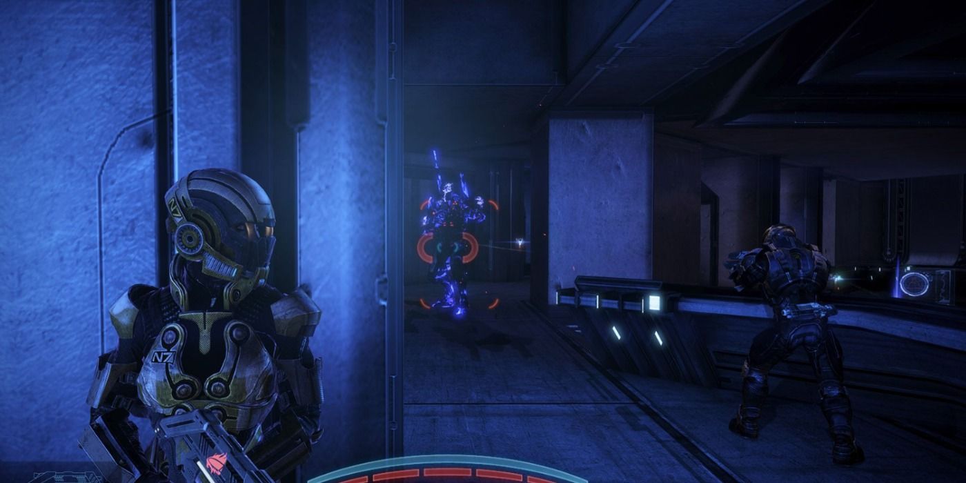 Commander Shepard taking cover.