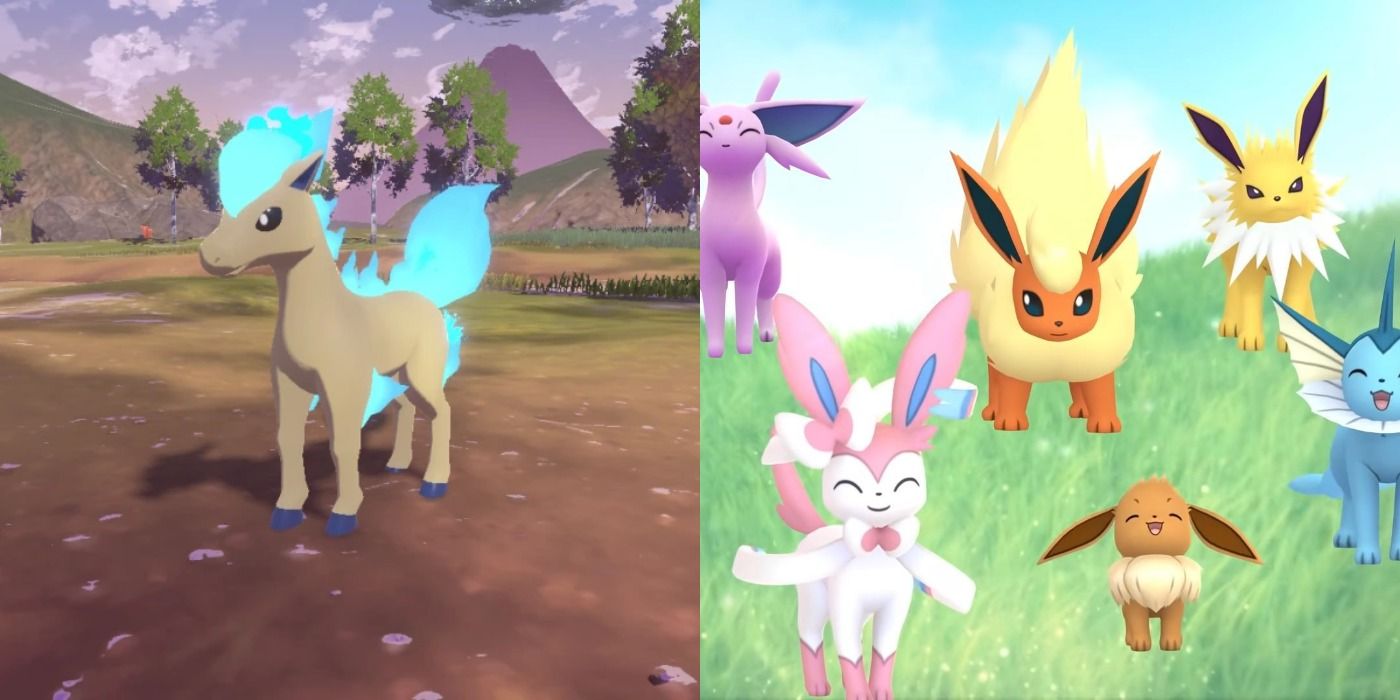 Split image of a shiny Ponyta and Eevee Pokemon with its evolutions.