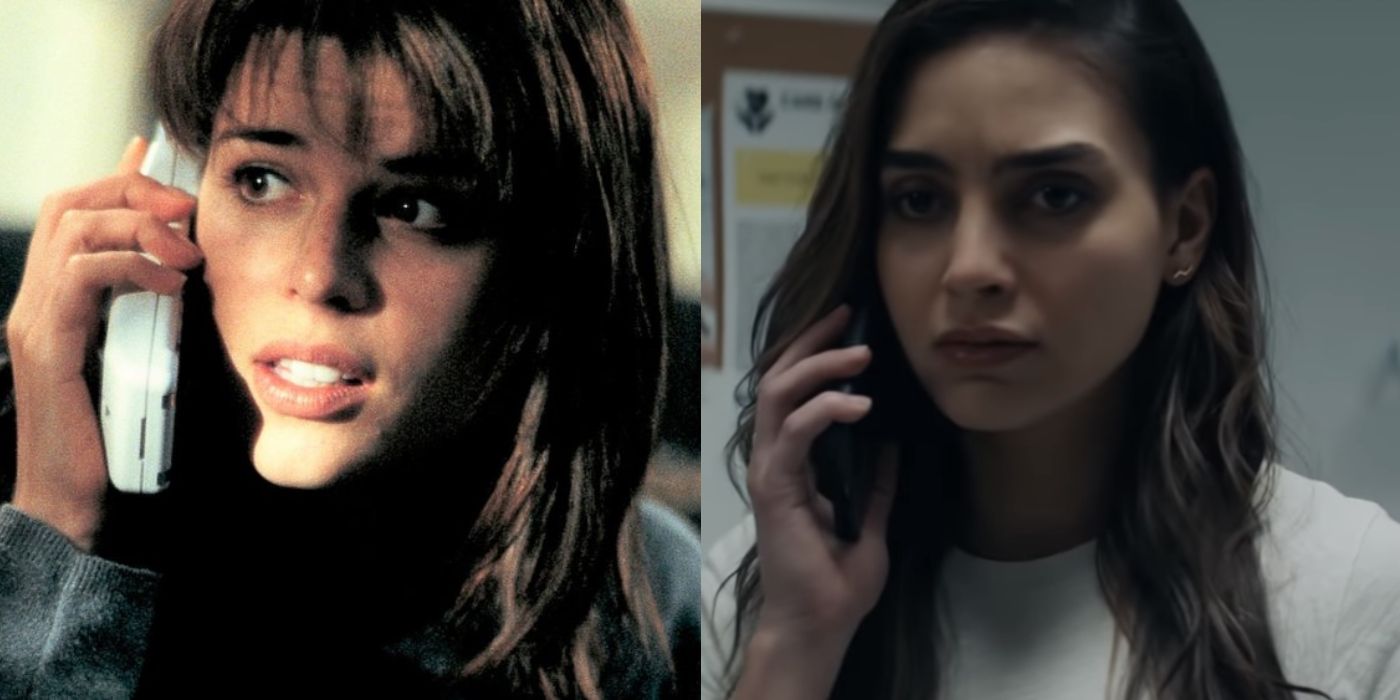 Split image of Sidney on the phone in Scream (1996) and Sam on the phone in Scream (2022)