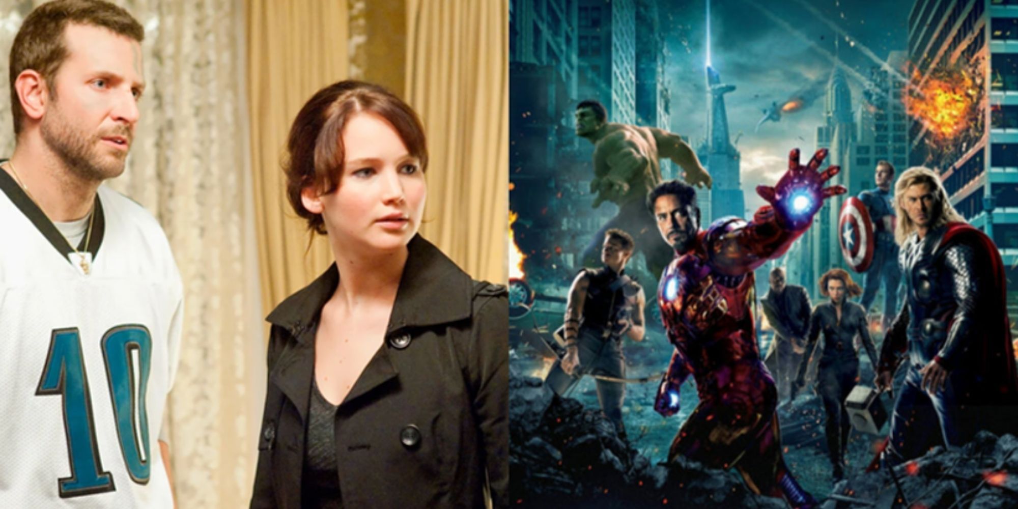 Split image showing scenes from Silver Linings Plyabooks and The Avengers.