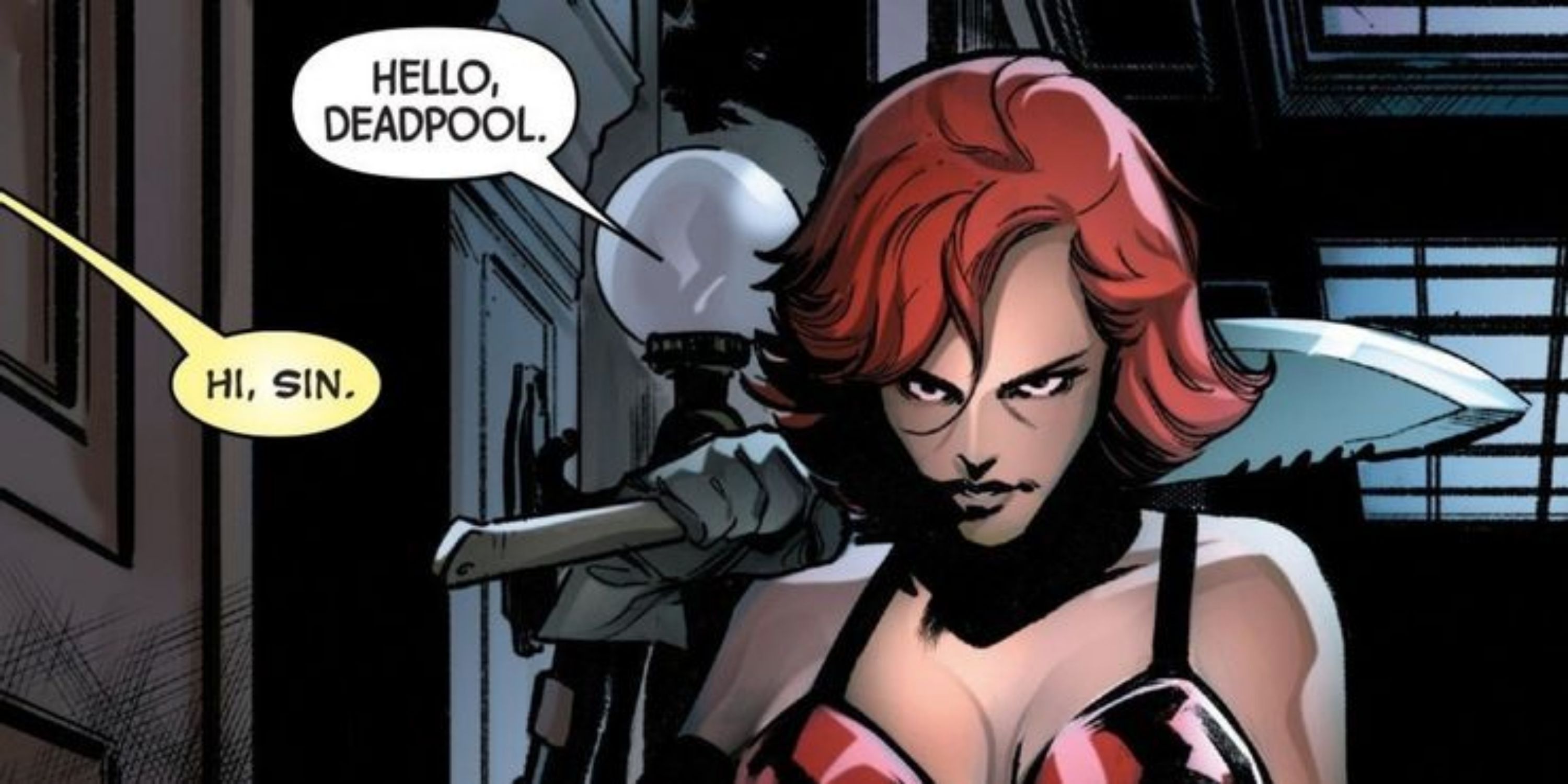 Sin, Red Skull's daughter, meeting Deadpool in Marvel comics