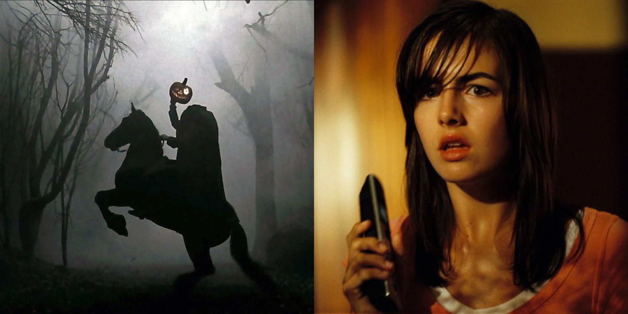 Split image showing the headless horseman from Sleepy Hollow and Jil from When a Stranger Calls.