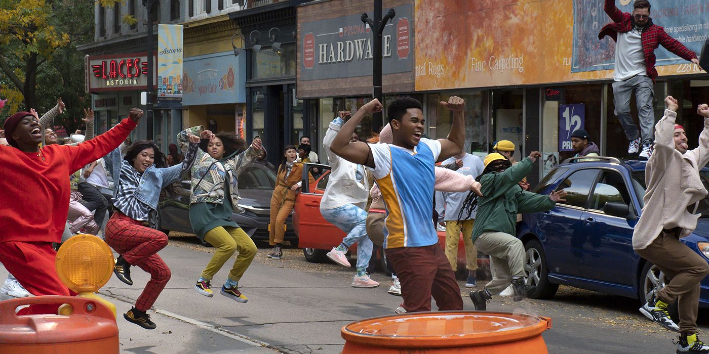 Characters dancing in the open in Sneakerella