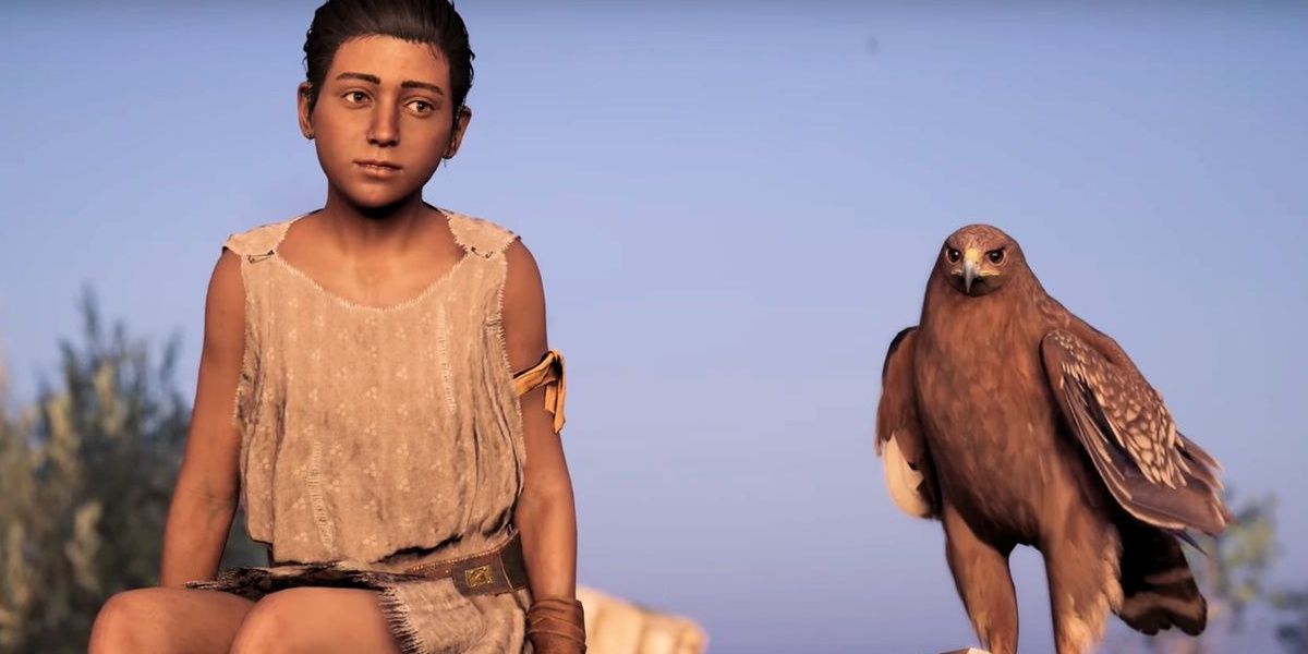 Phoibe and Ikaros sit on a ledge in Assassin's Creed Odyssey.