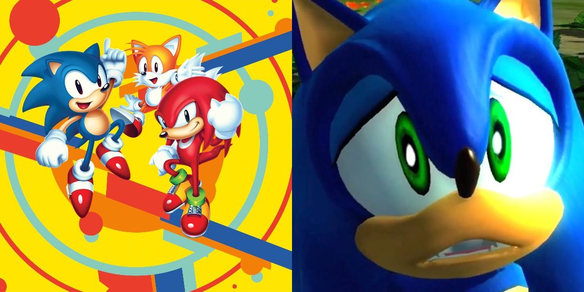 Sonic , Tails, and Knuckles together in Sonic Mania and a dour Sonic in Sonic '06.