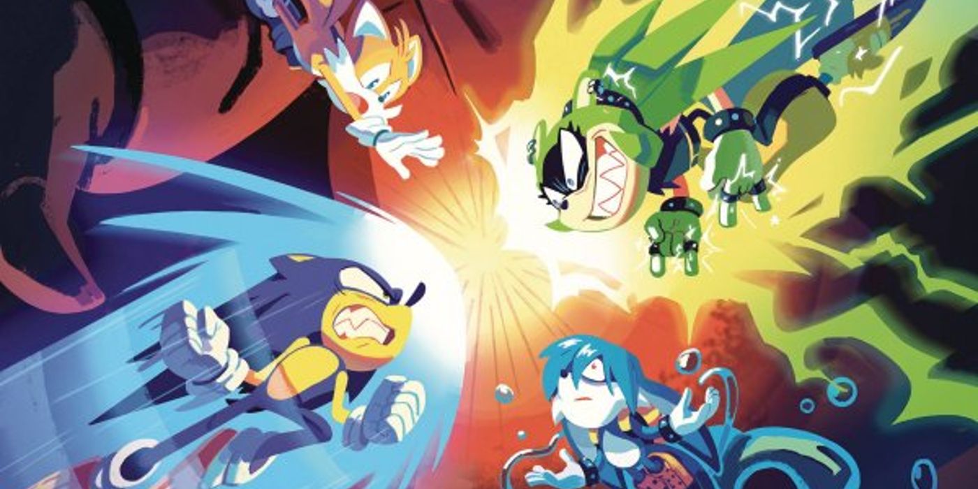 Sonic, Surge, Tails and Kit colliding into each other on the cover of Sonic the Hedgehog #50.