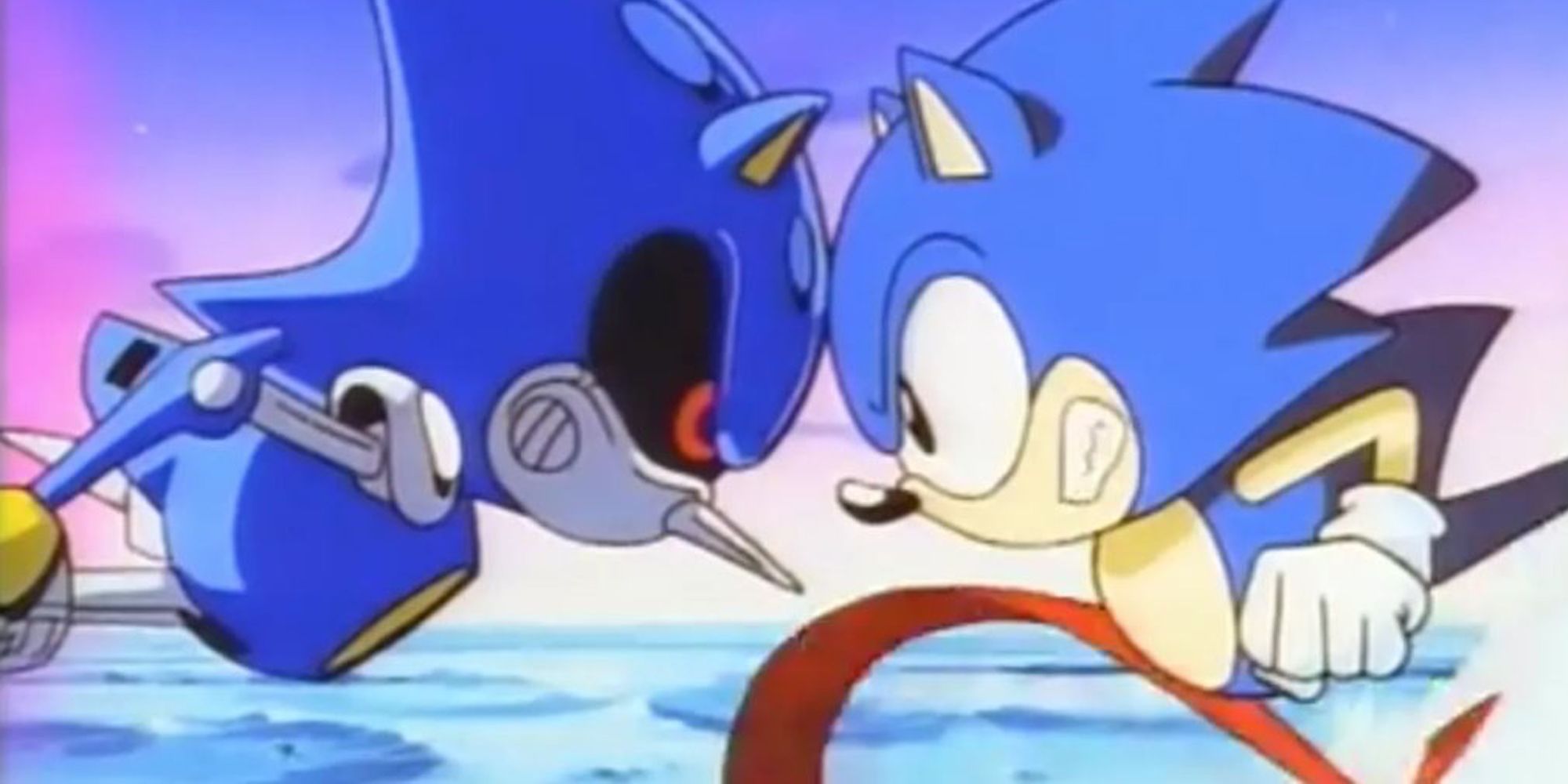 Sonic and Metal Sonic in Sonic OVA butting their foreheads together.