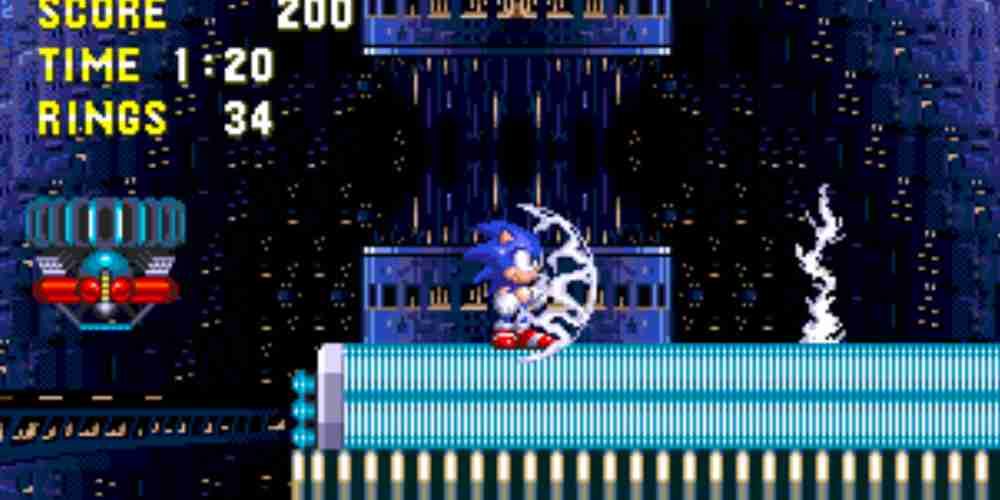 Sonic stands in a space station with the thunder shield around him.