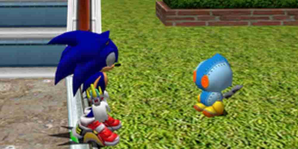 Sonic talks to the robotic Omochao on a path in Sonic Adventure 2.