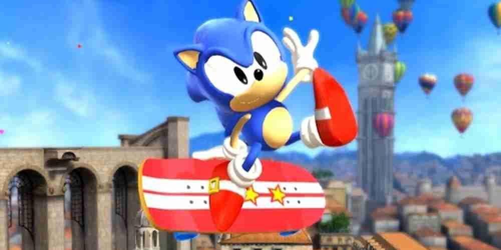 Classic Sonic tricks out on a skateboard in Sonic Generations.