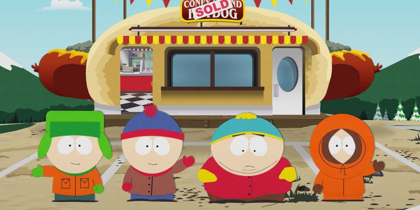 Characters from South Park standing in front of a closed hot dog stand.