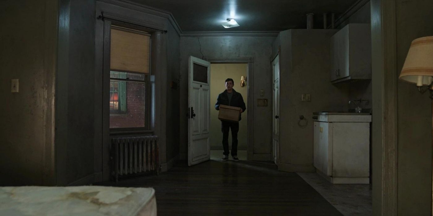 Peter arriving at his new apartment in Spider-Man: No Way Home.