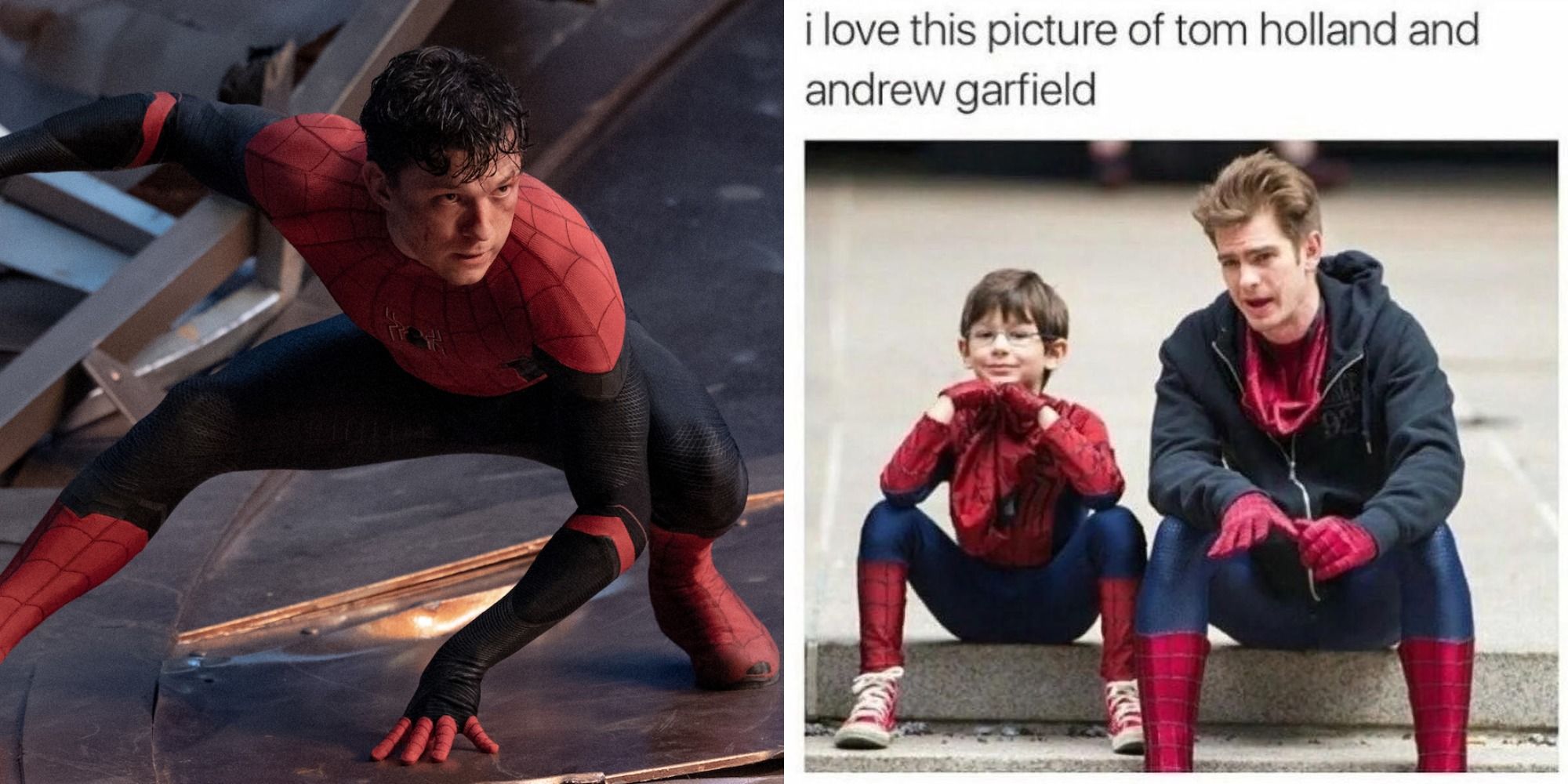 Split image showing Spider-Man unmasked in No Way Home and a meme from Andrew Garfield's Spider-Man.