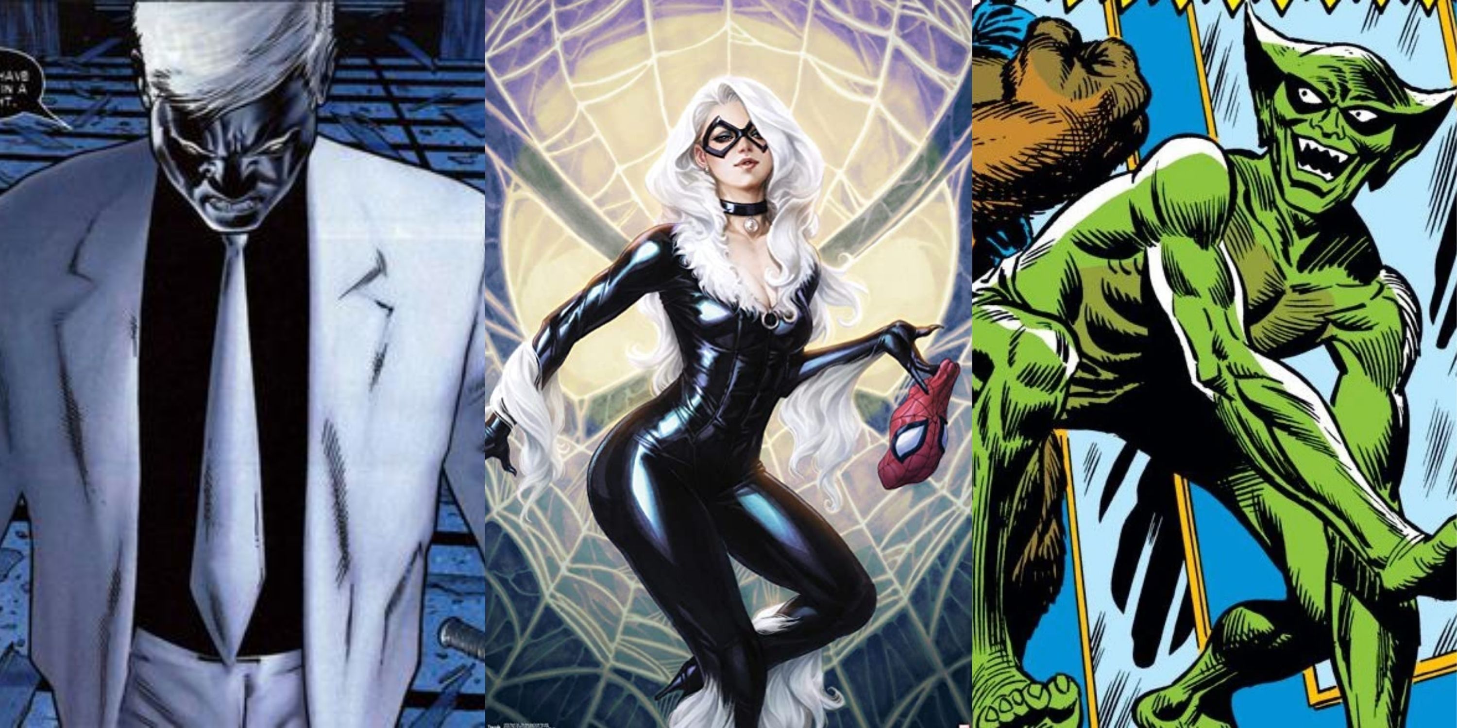 A split image of the Negative Zone, Black Cat, and Jackal in the Marvel Comics