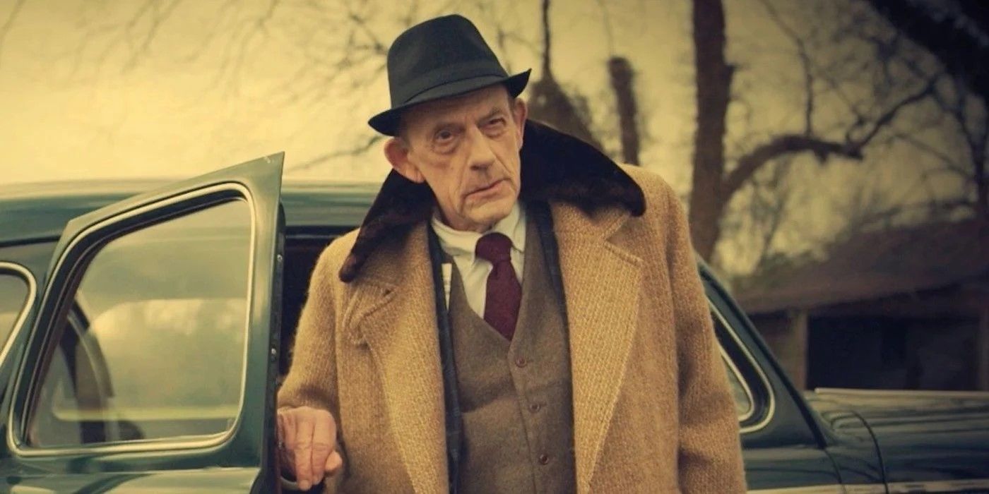 Christopher Lloyd steps out of a car from Spirit Halloween