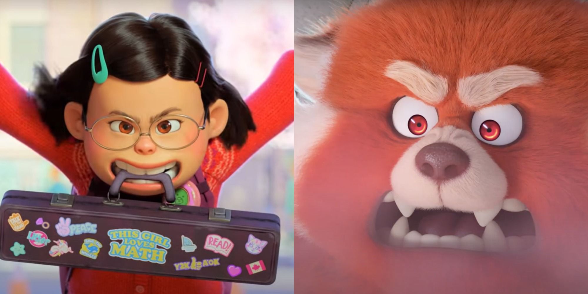 Split Image Of Mei as herself jumping in the air and as her panda feeling angry in Turning Red.