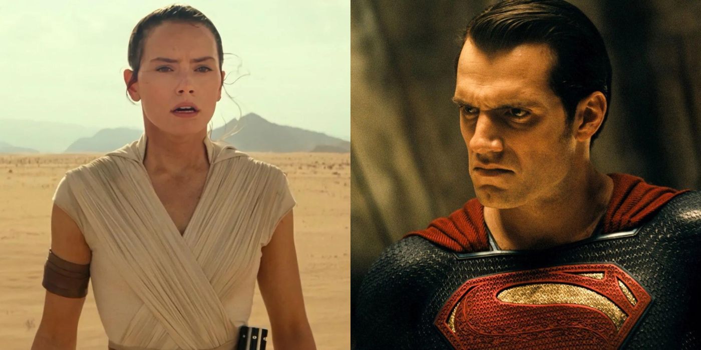 Split Image of Daisy Ridley in The Rise Of Skywalker and Henry Cavill in Batman V Superman