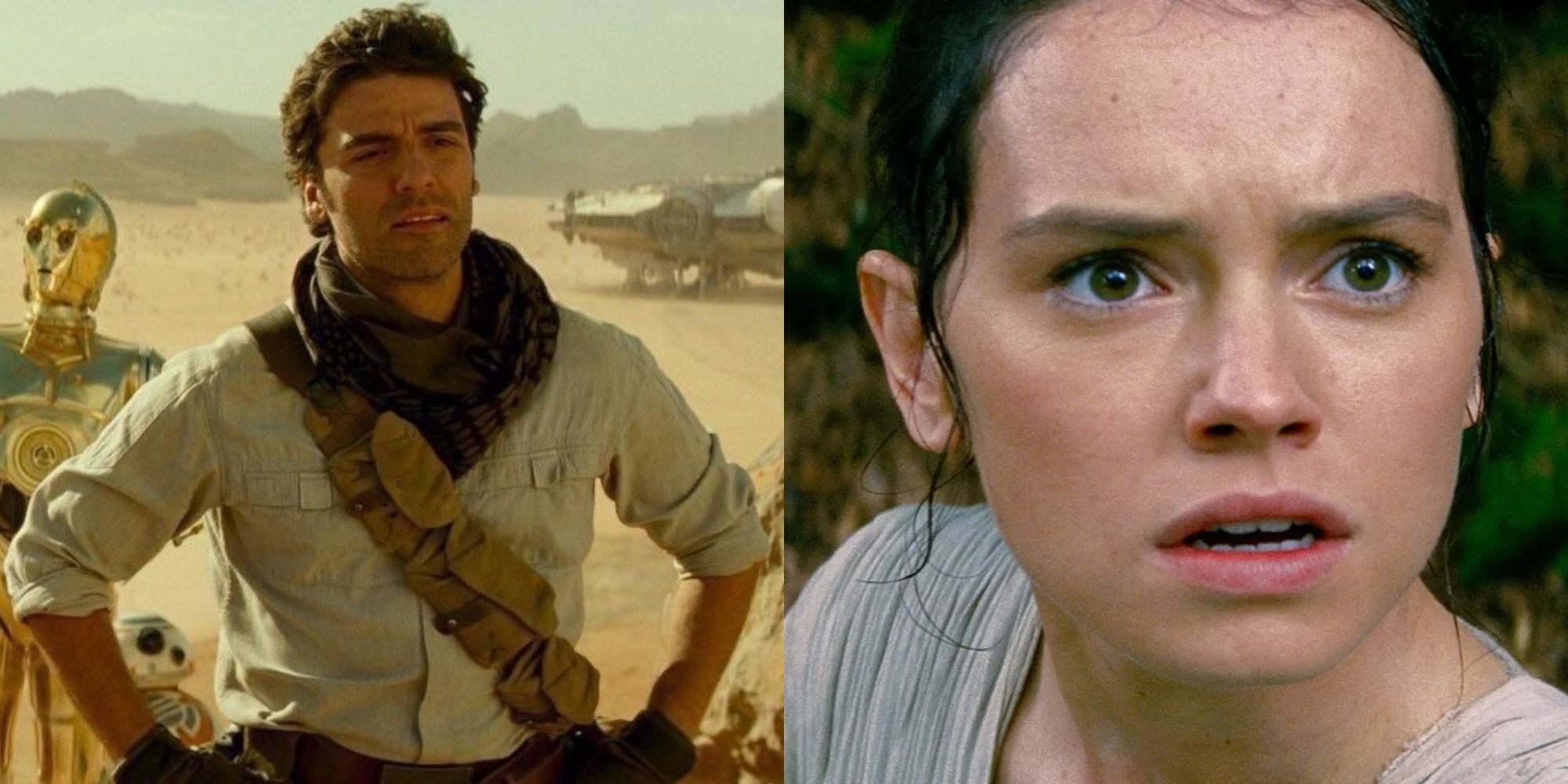 Split image of Poe Dameron (Oscar Isaac) with hands on hips and Rey (Daisy Ridley) looking worried in Star Wars: The Rise of Skywalker