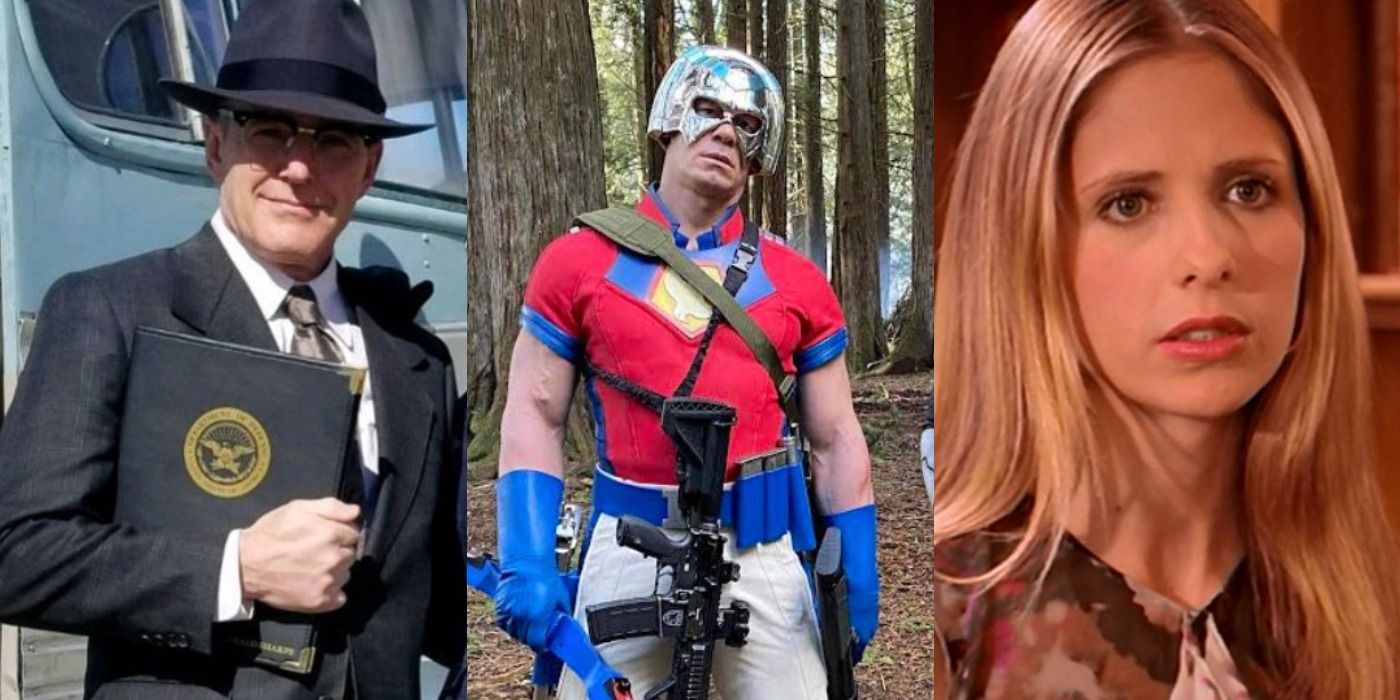 Split image of Agent Coulson in Agents of SHIELD, Peacemaker in Peacemaker, and Buffy in Buffy the Vampire Slayer