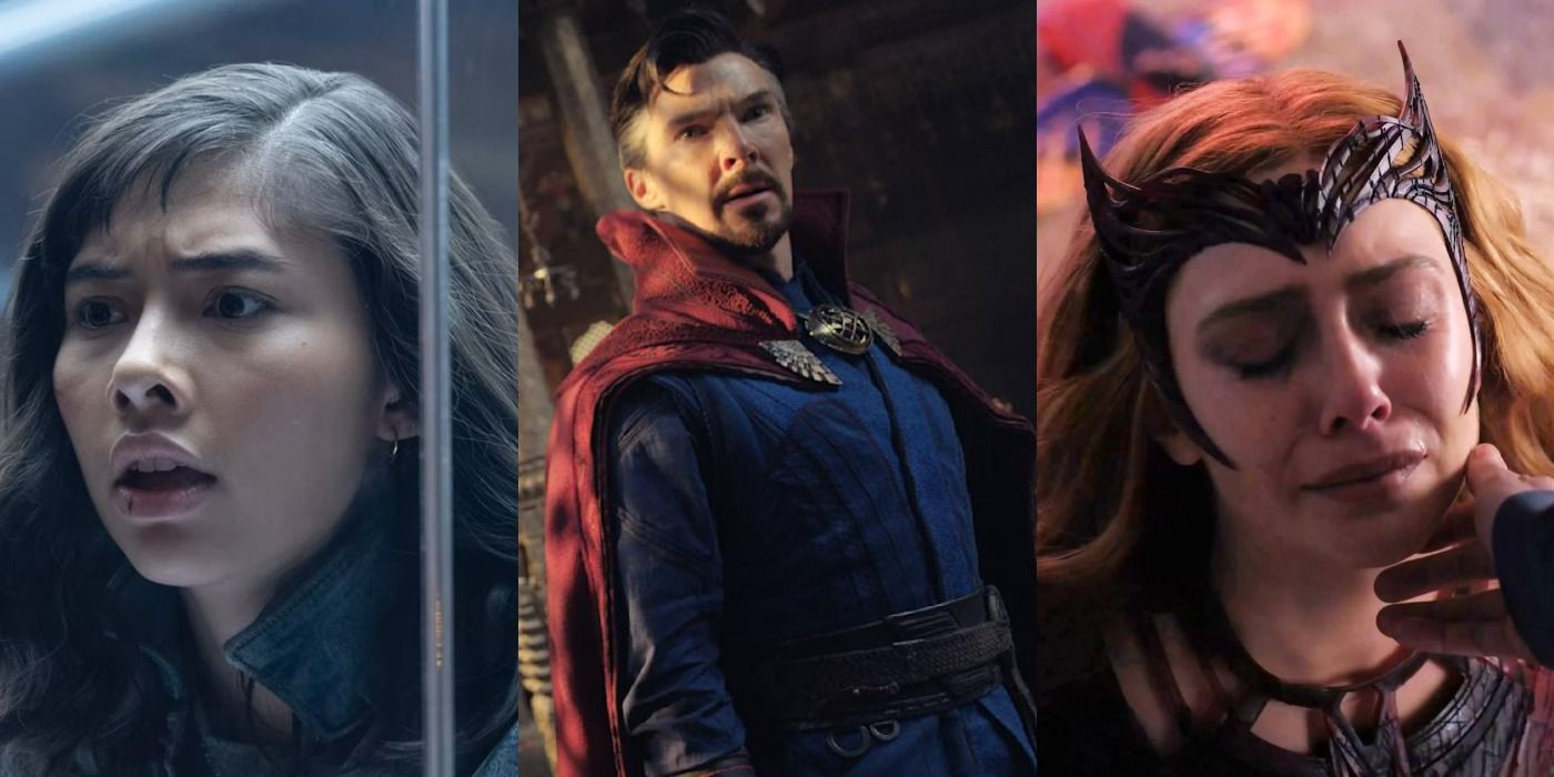 Split image of America Chavez, Doctor Strange, and Wanda Maximoff in Doctor Strange in the Multiverse of Madness