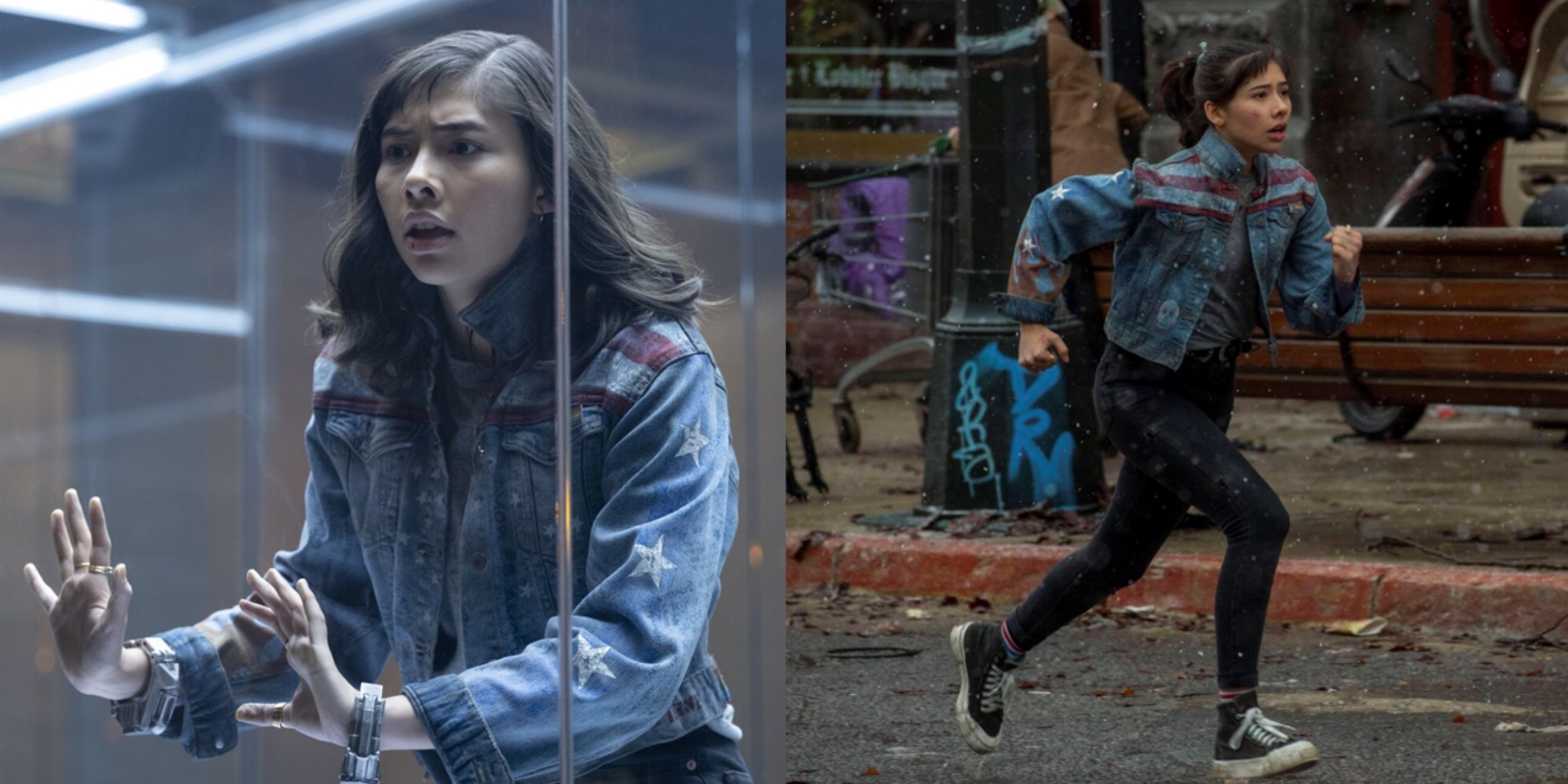 Split image of America Chavez in a jail cell and running on the street in Doctor Strange 2