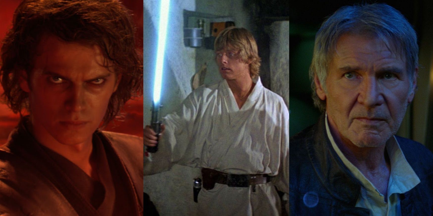 Split image of Anakin in Revenge of the Sith, Luke in Star Wars, and Han in The Force Awakens
