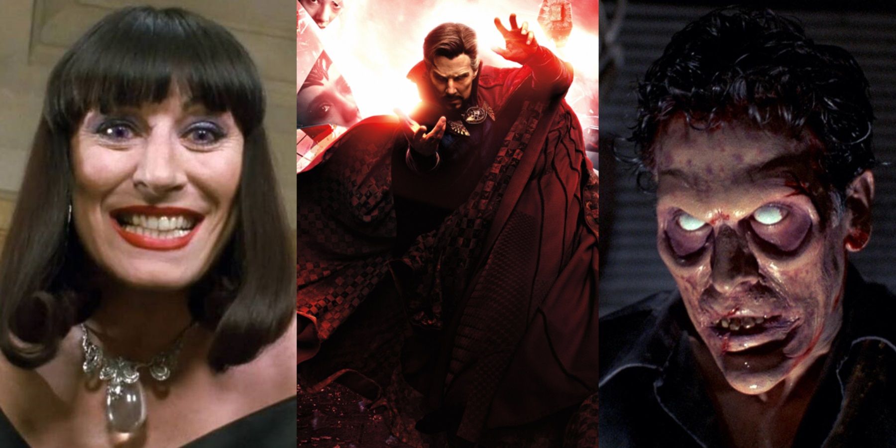 Split image of Anjelica Huston in The Witches, Benedict Cumberbatch in Doctor Strange 2, and Bruce Campbell in Evil Dead II