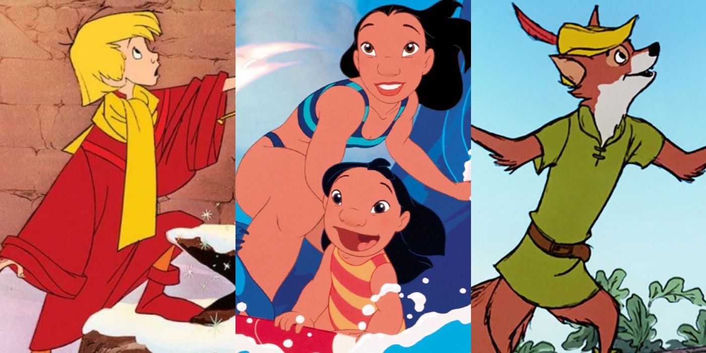 Split image of Arthur with the Sword in the Stone, Lilo and Nani and Robin Hood Disney feature