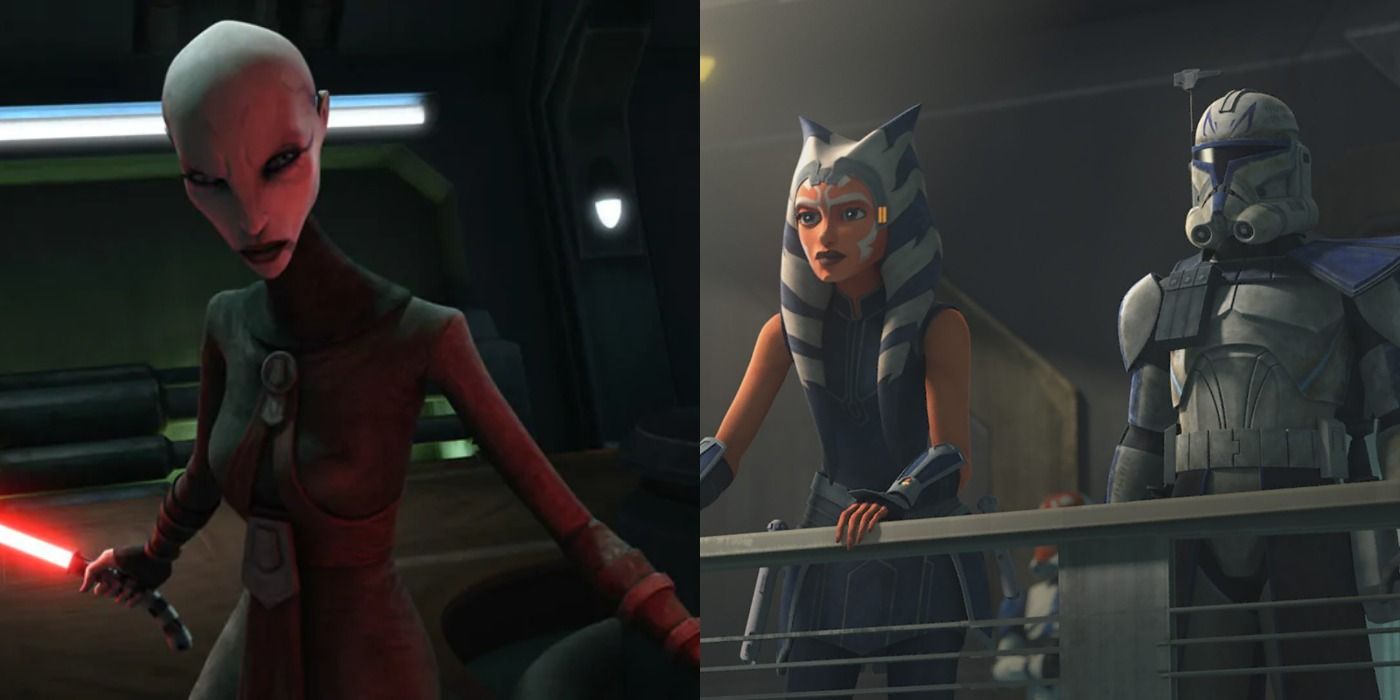 Split image of Asajj Ventress, Ahsoka Tano, and Captain Rex in The Clone Wars