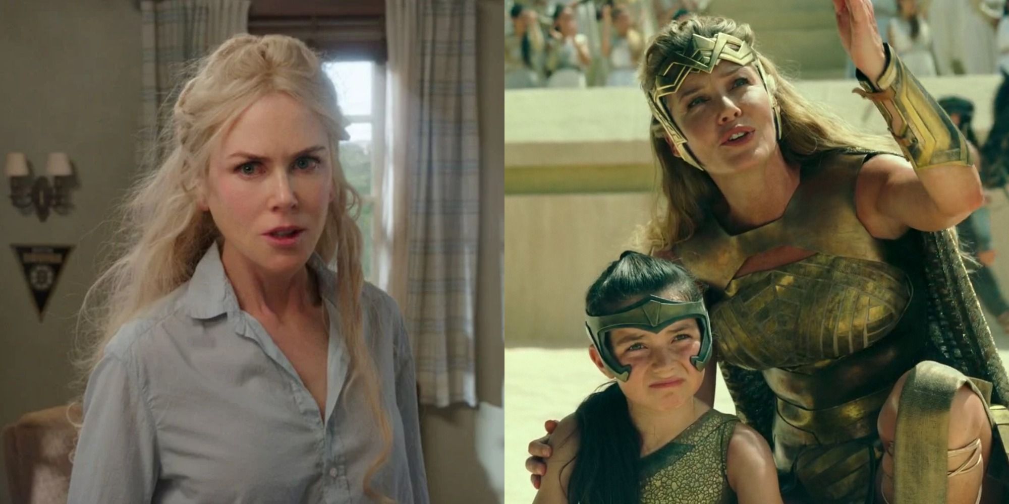 Split image of Atlanna in Aquaman and young Diana with Hippolyta in Wonder Woman 1984
