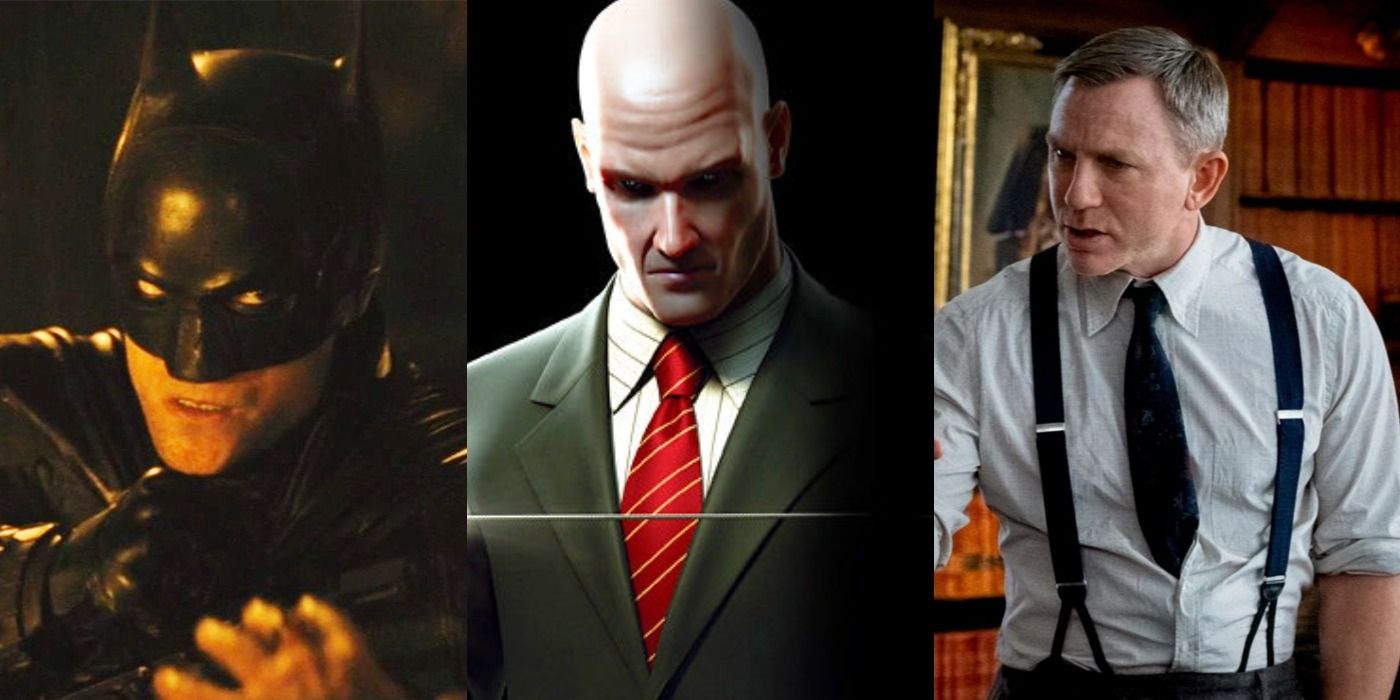 Split image of Batman in The Batman, Hitman in Hitman Absolution, and Benoit in Knives Out
