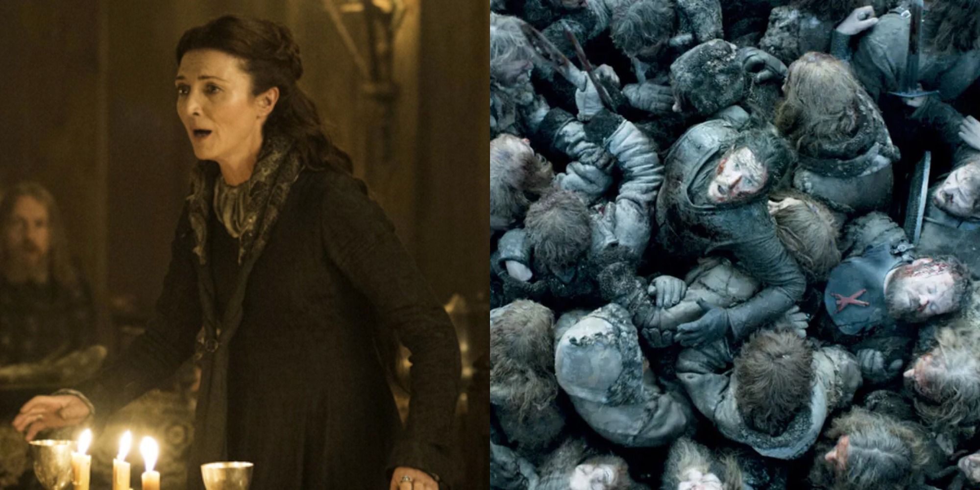 Split image of Catelyn Stark gaping in horror at the Red Wedding and Jon Snow gasping for air during the Battle of the Bastards in Game of Thrones