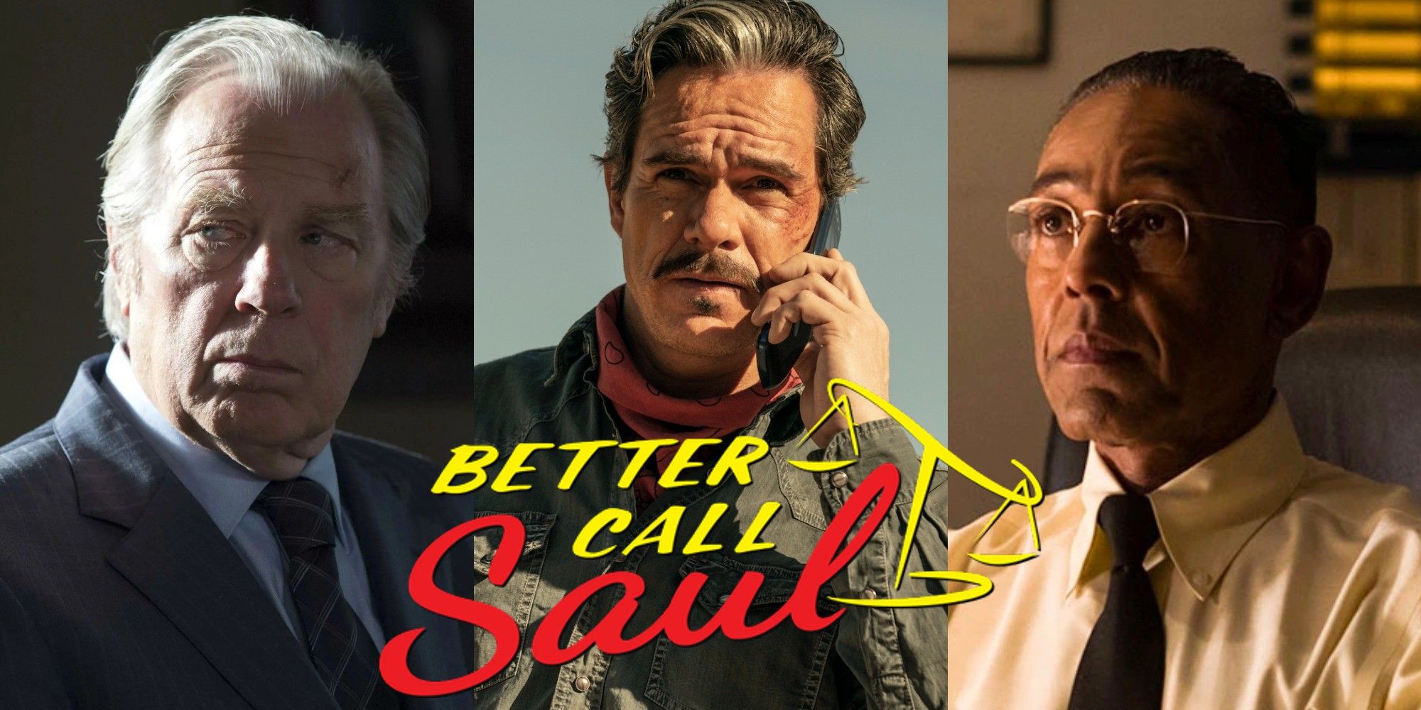 Split image of Chuck, Lalo and Gus Fring from Better Call Saul